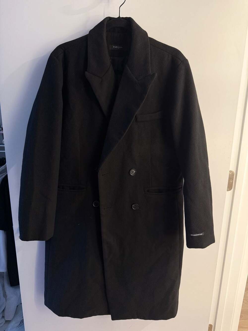 Parijan Lost Management Globe Black Double Breasted Wool Blend Overcoat